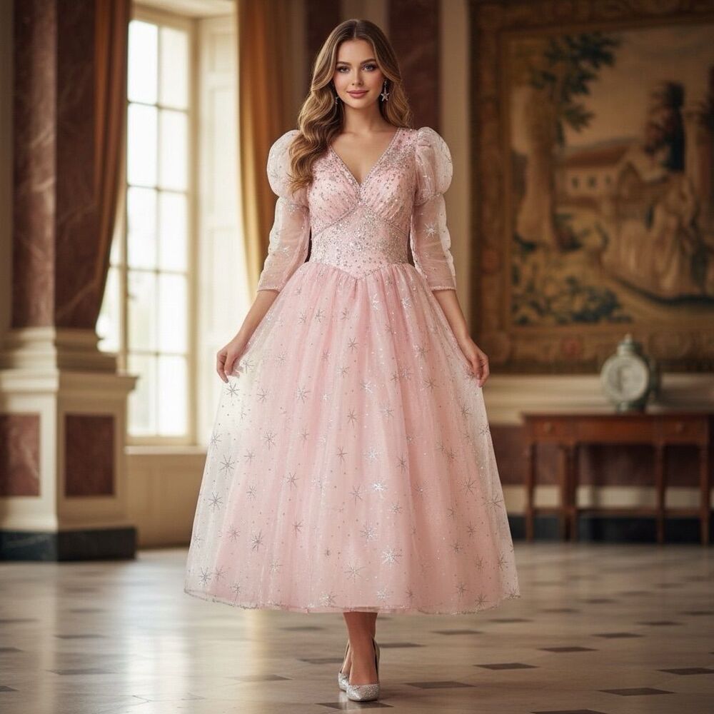 Women's 2XL Pink Sequin Star Maxi Dress Fairy Tale Costume Glinda the Good Witch